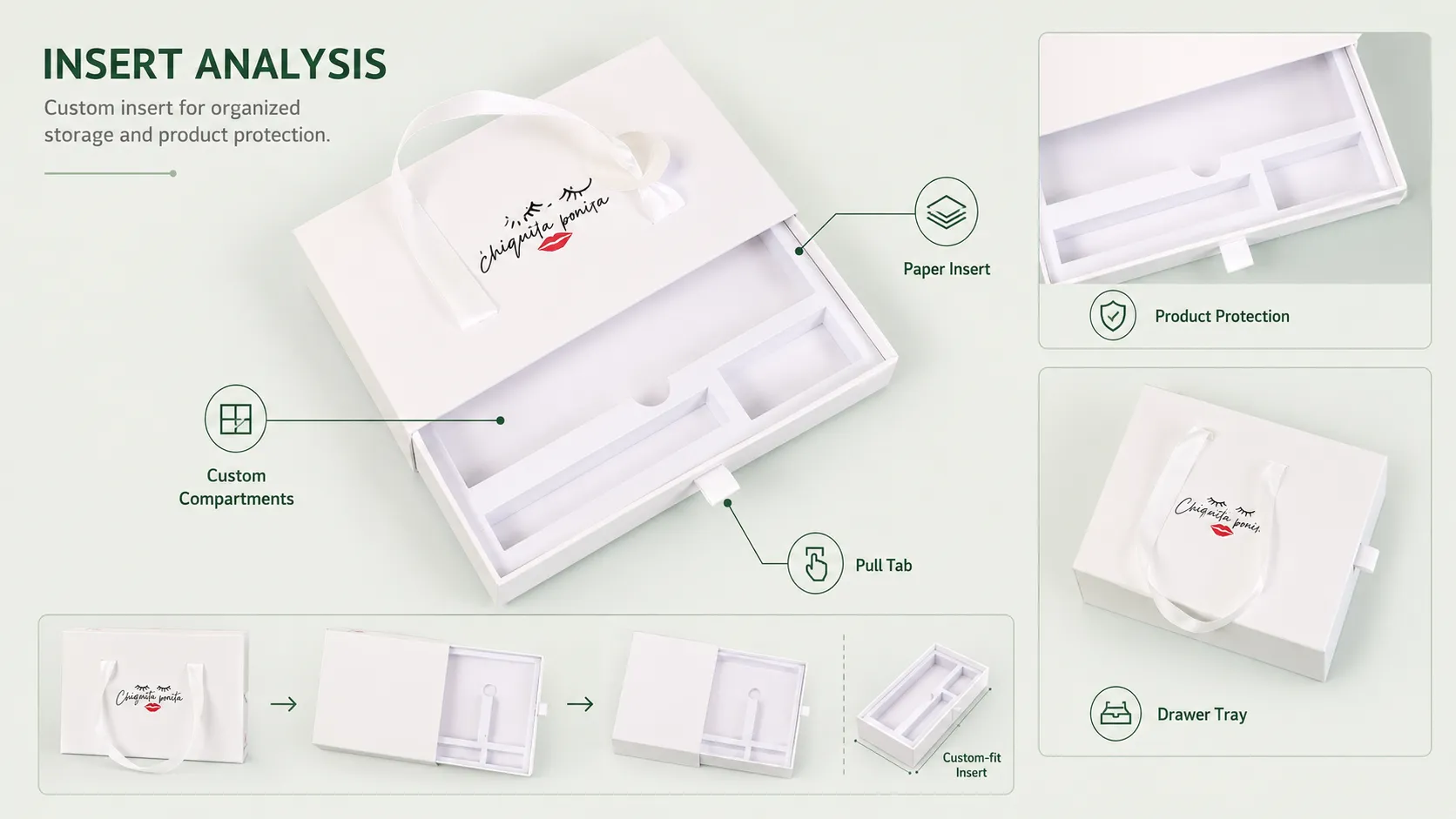 Minimalist White Slide Drawer Cosmetic Boxes – Satin Ribbon Carry Handle, Custom Printed Brand Graphics-lining