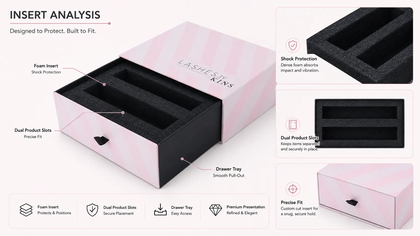 Glossy Pink Diagonal Stripe Slide Drawer Box – Fabric Pull Tab, Custom Molded Dual-Slot EVA Foam Insert-lining