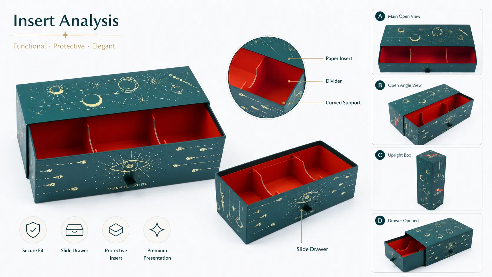 Dark Green Starry Sky Gold Foil Slide Drawer Box – Red Contrast Interior, Detachable Paper Dividers-lining