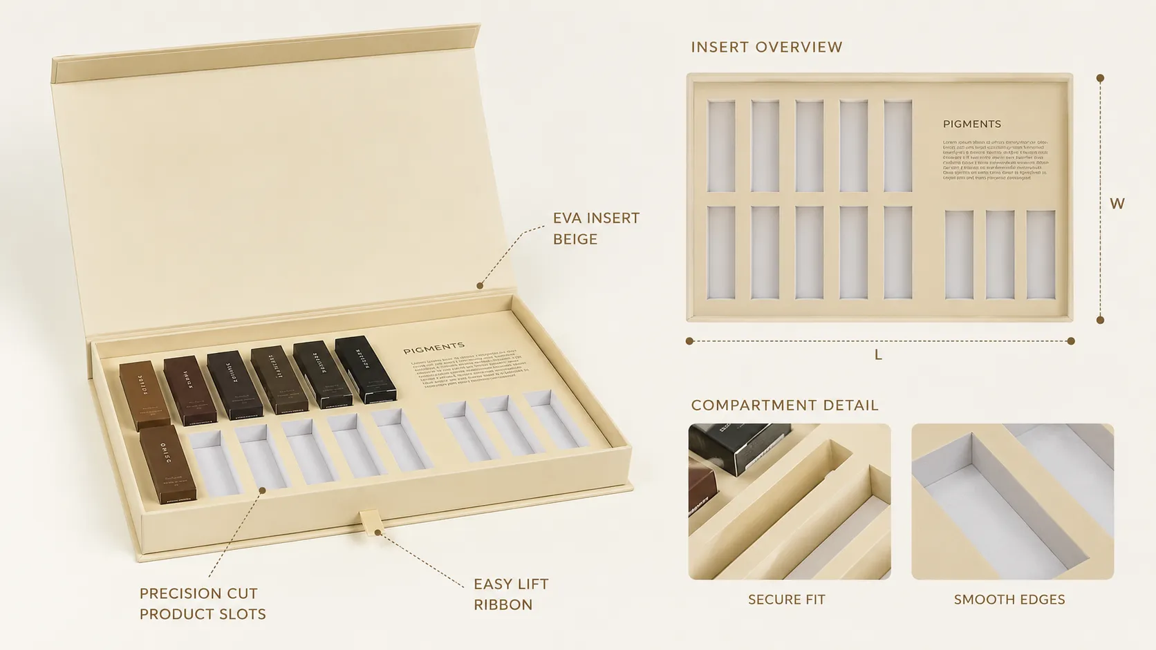 Cream Beige Embossed Logo Rigid Cosmetic Boxes – Custom Multi-Slot Paper Divider Insert, Lid & Base Luxury Cosmetic Gift Box-lining