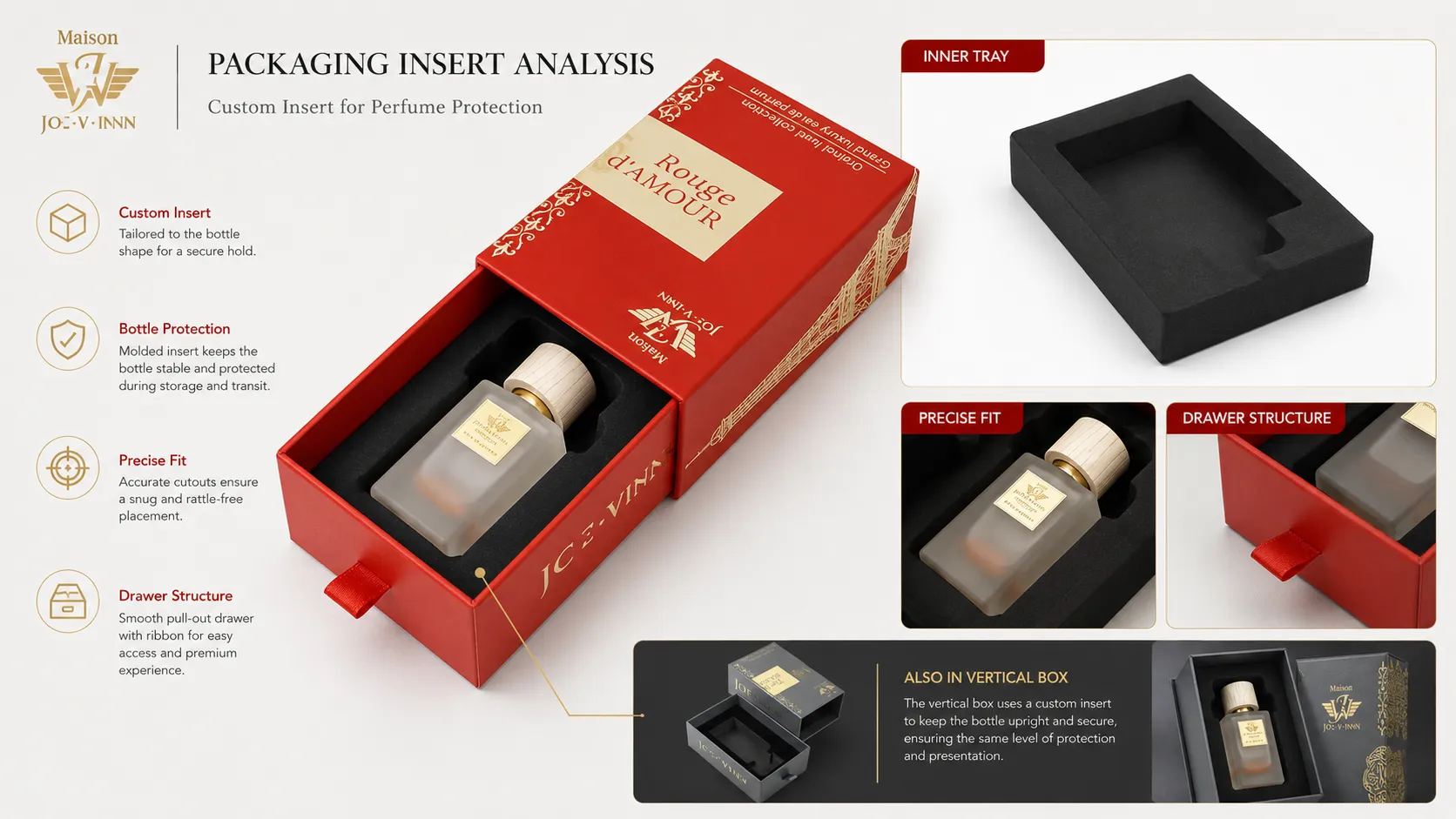 Red & Dark Grey Matte Ribbon Slide Drawer Perfume Boxes – Full Custom Gold Hot Foil Printing, Color-Matched Satin Ribbon Pull Tab, Custom Molded Black EVA Foam Insert-lining