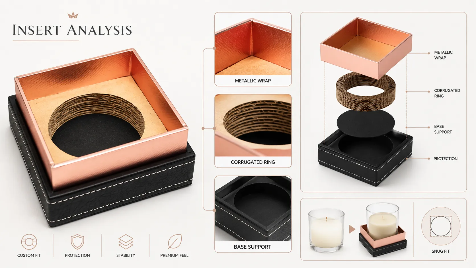 Tall Black Faux Leather Stitched Lid & Base Candle Boxes – Custom Copper Hot Foil Logo, Shiny Rose Gold Lined Inner Tray-lining