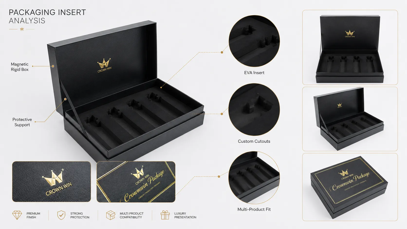 Black Textured Magnetic Lid Essential Oil Boxes – Custom Gold Hot Foil Logo, 4 Cavity High-Density EVA Foam Insert Rigid Luxury Gift Packaging for Multiple Essential Oil Bottles-lining