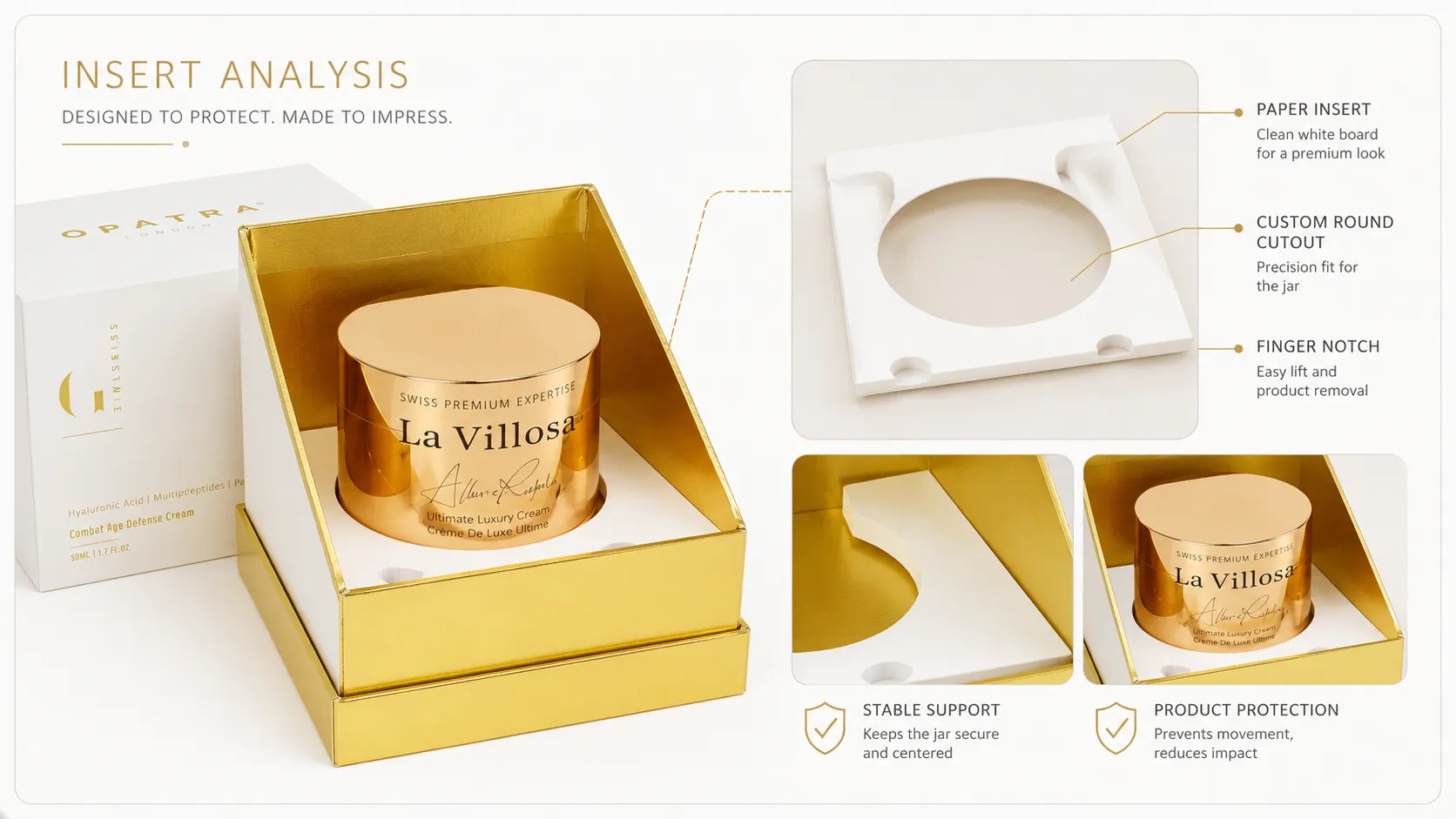 White & Glossy Gold Lid Base Skincare Packaging Boxes – Custom Gold Hot Foil Logo, Tailored Paper Insert Rigid Luxury Cosmetic Boxes for Premium Single Face Cream Jars-lining