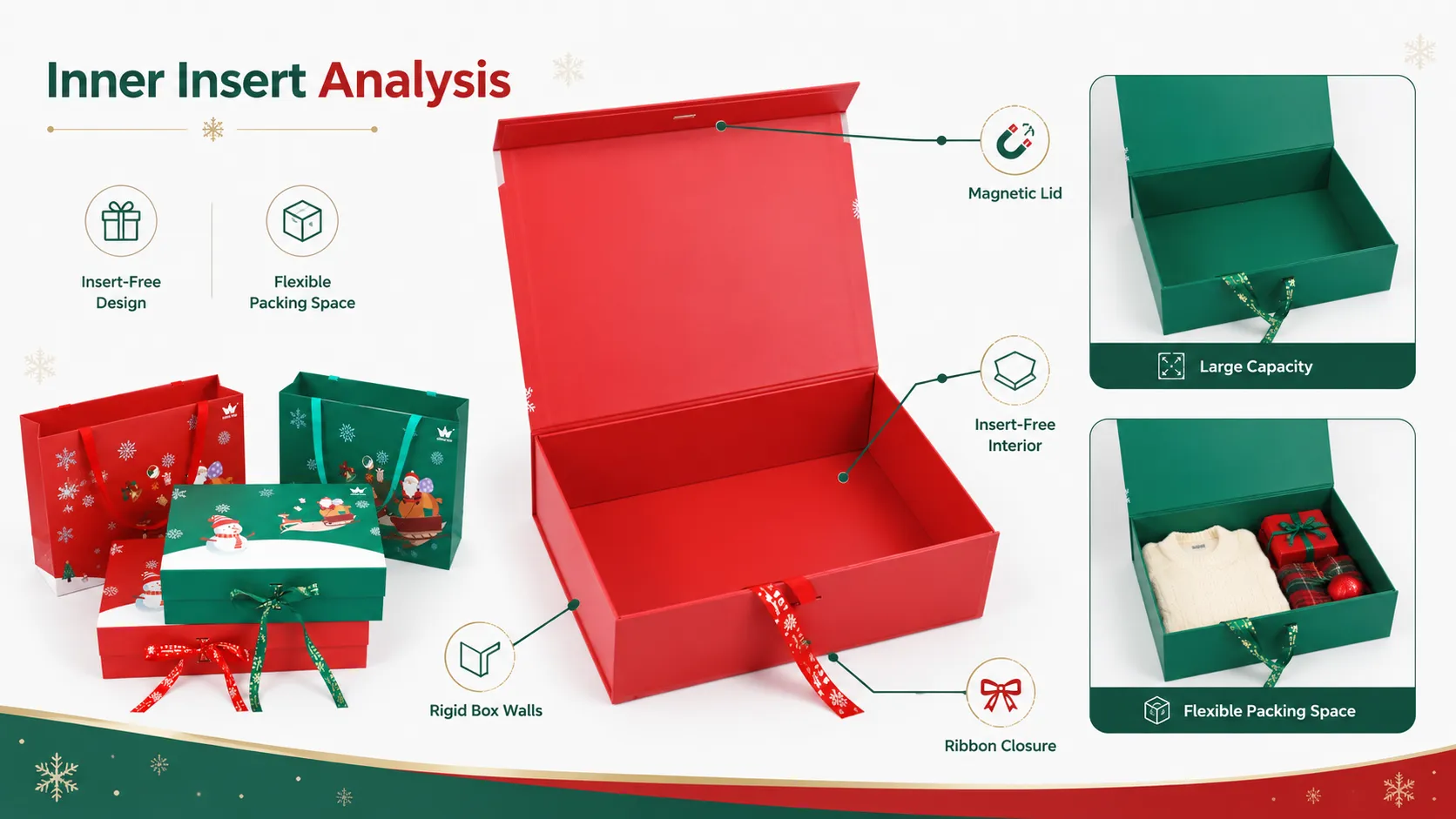 Christmas Printed One Piece Folding Box – Magnetic Flip Collapsible Holiday Gift Box, Flat Pack Foldable Packaging with Matching Printed Gift Bags-lining