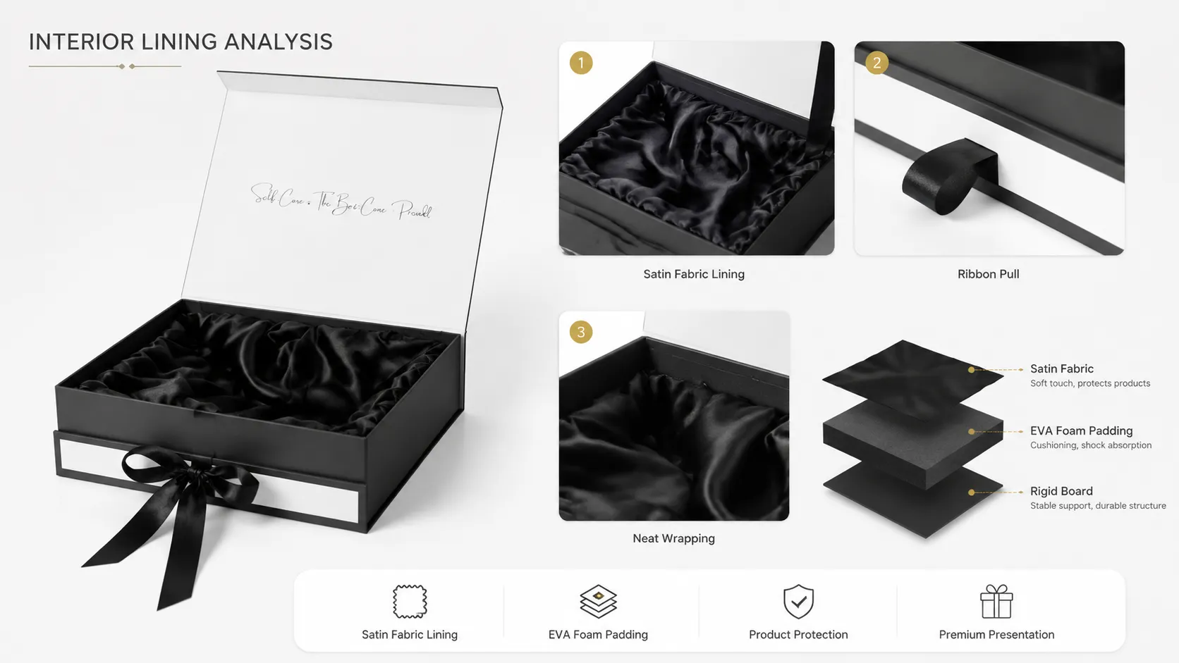 Black White Luxury Magnetic Box – Satin Lined Rigid Magnetic Flip Gift Box with Ribbon Closure, Custom Logo Packaging for Self-Care & Beauty Gift Sets-lining
