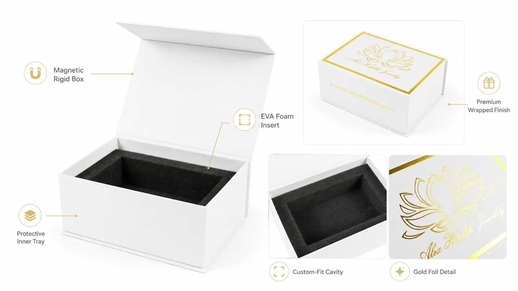 White Custom Gold Foil Magnetic Box – Rigid Magnetic Flip Gift Box with Molded EVA Foam Insert, Luxury Packaging for Jewelry & Wellness Products-lining