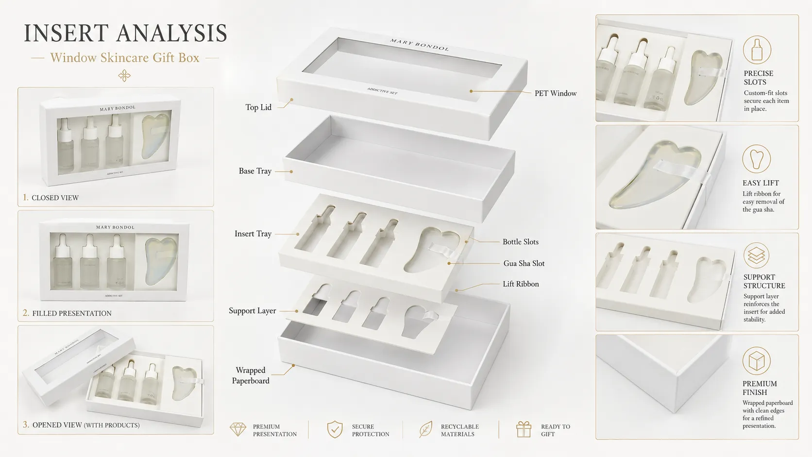Lid & Base Rigid Window Box Packaging – White Gift Box with PVC Window & Custom Die-Cut Insert for Skincare Serum Sets-lining