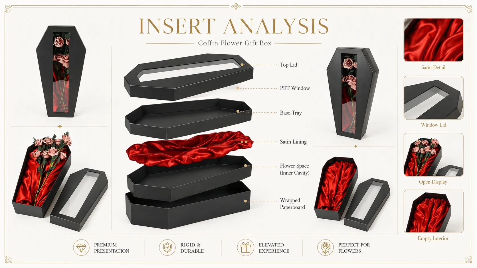 Coffin Shaped Window Box Packaging – Matte Black Gothic Rigid Gift Box with PVC Window & Red Satin Lining for Artificial Roses-lining
