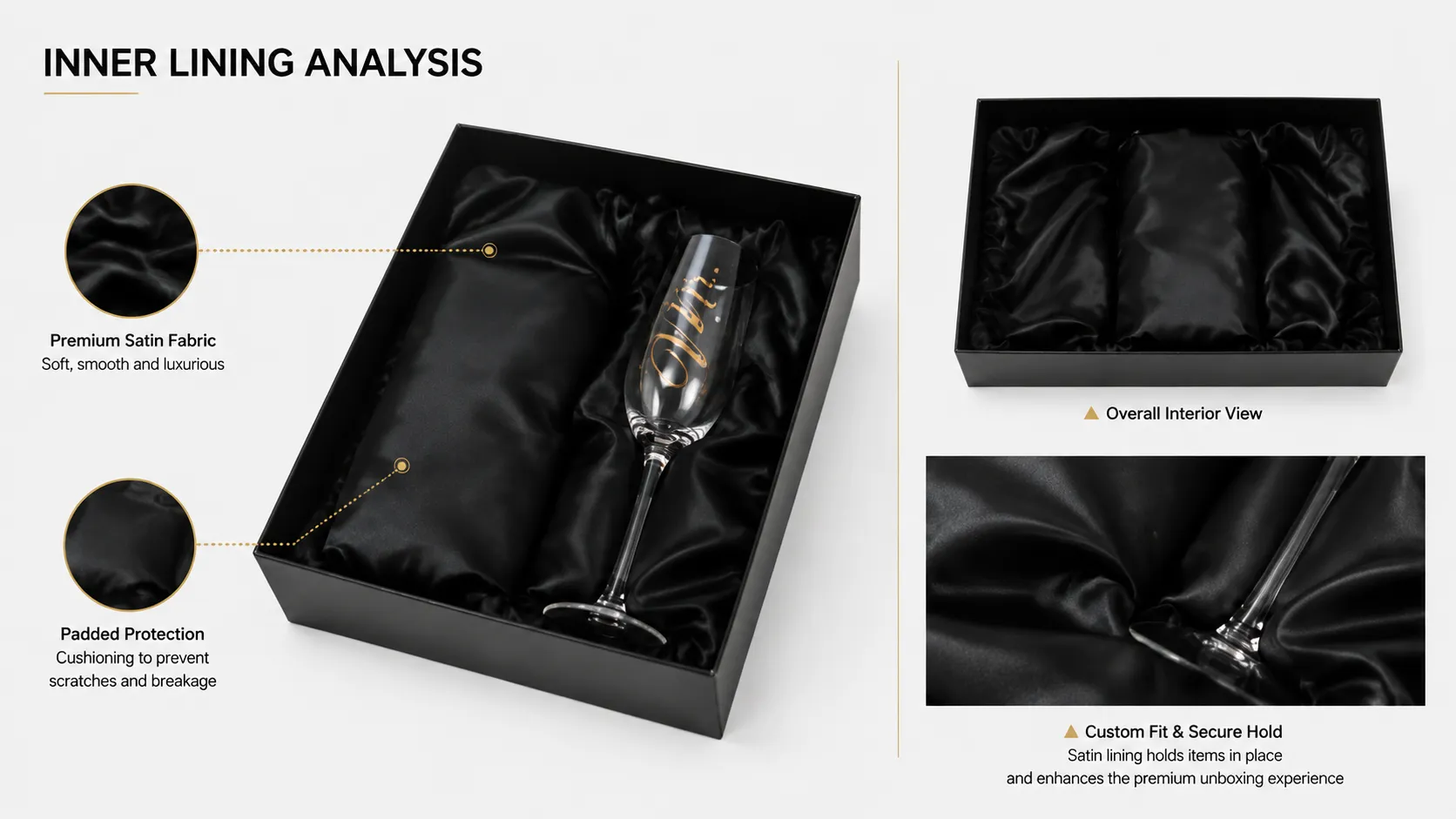 Lid And Base Rigid Box – Matte Black Luxury Gift Box with Black Satin Lining for Champagne Flute & Wine Glass Gifts-lining