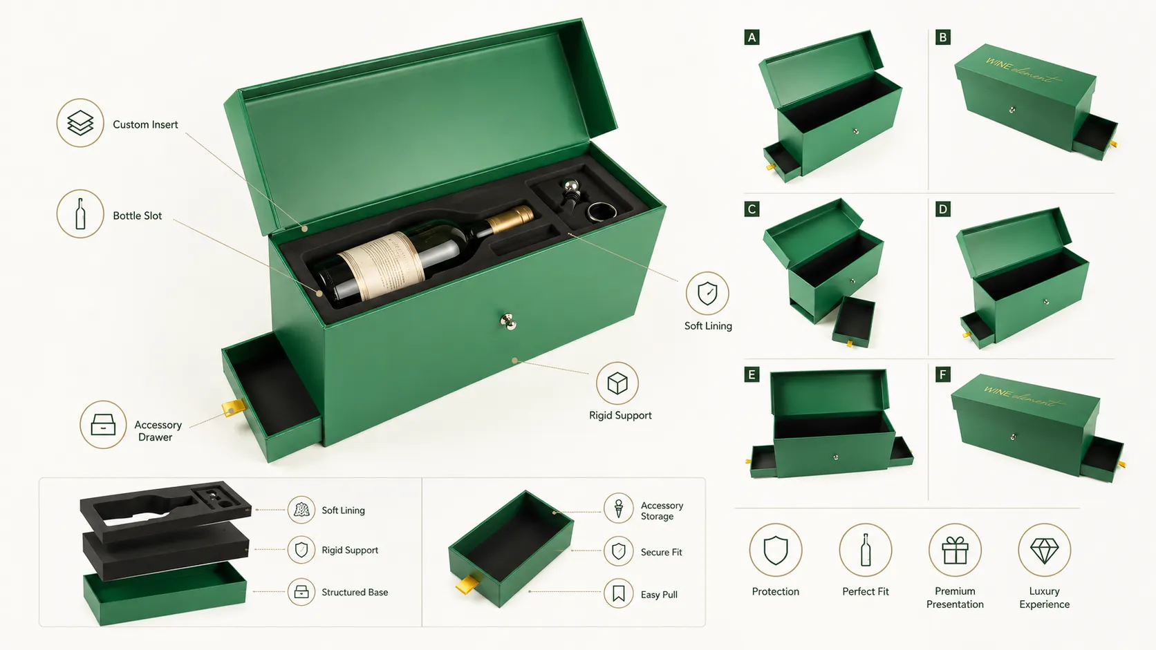 Magnetic Closure Boxes – Rigid Flip Lid Magnetic Closure Boxes with Side Drawer for Wine Bottle & Bar Accessory Packaging-lining