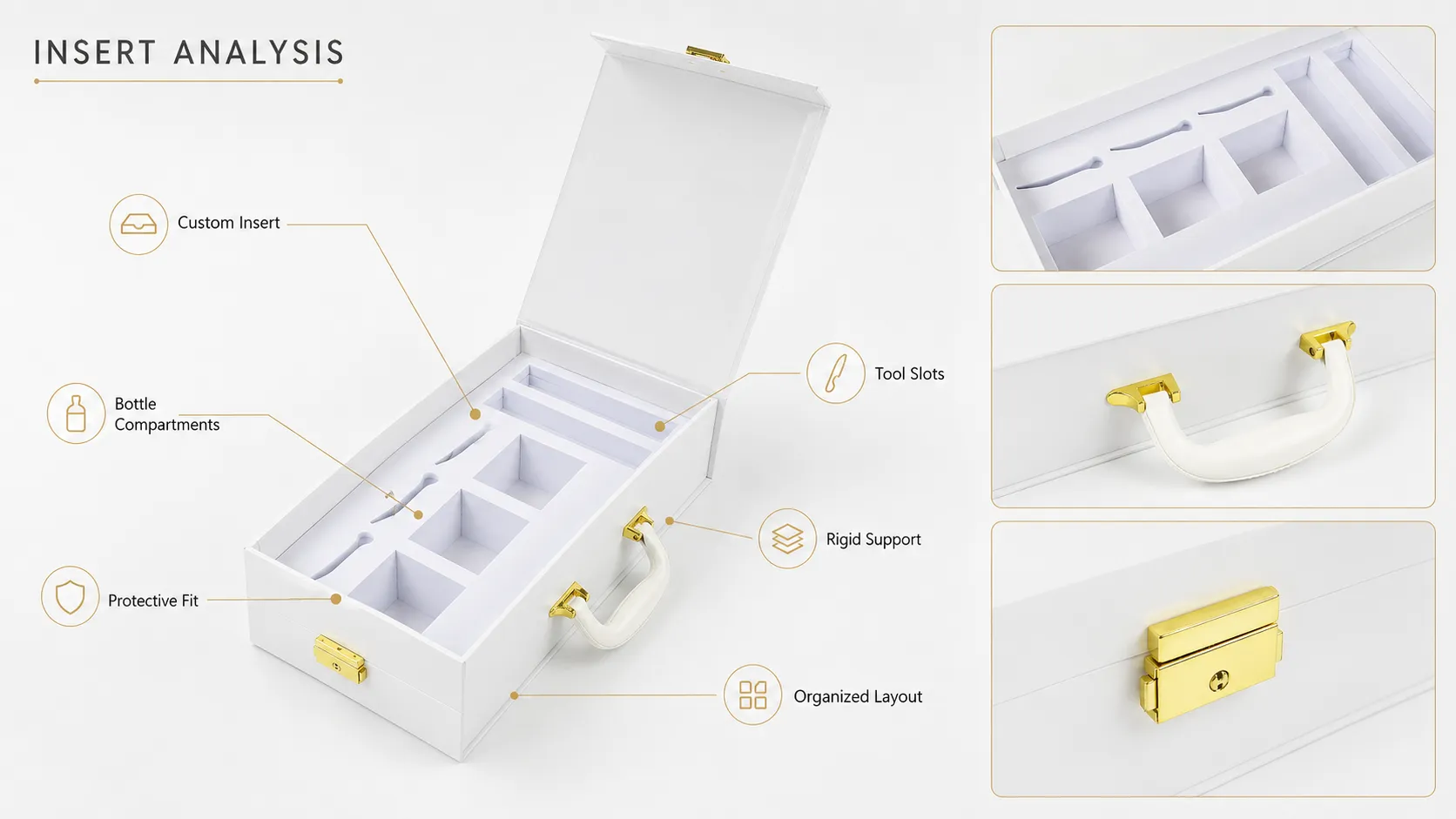 Magnetic Closure Boxes – White Rigid Handheld Magnetic Closure Boxes with Handle, Metal Latch & Custom EVA Foam for Cosmetic Skincare Sets-lining