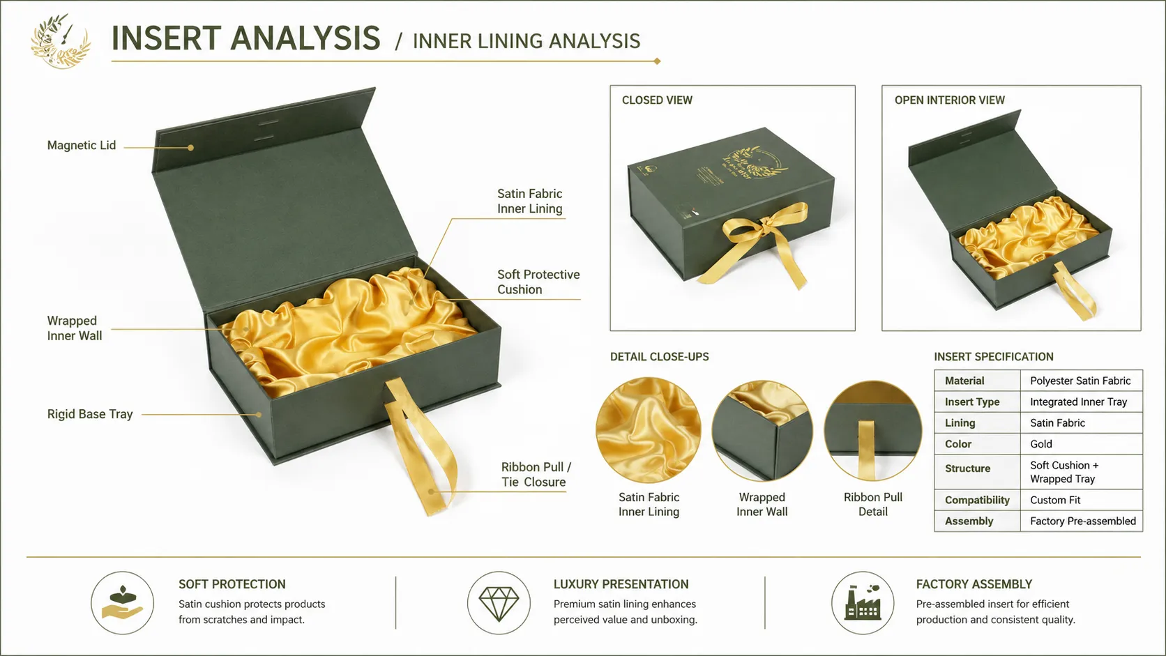Magnetic Closure Box – Dark Green Book Style Magnetic Closure Boxes with Golden Satin Lining for Extra Virgin Olive Oil & Gourmet Food Gift Sets-lining