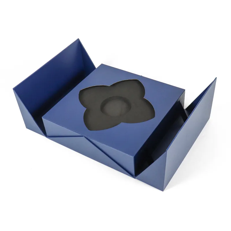 Custom matte blue magnetic double door box with flower shape die cut EVA foam insert for cosmetic jar gift packaging