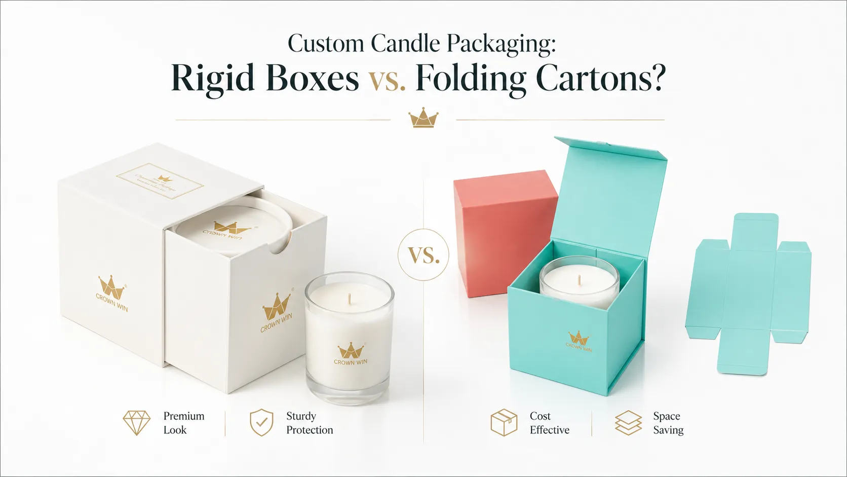 Rigid candle box vs folding carton comparison chart, premium candle packaging solutions from Crown Win Packaging