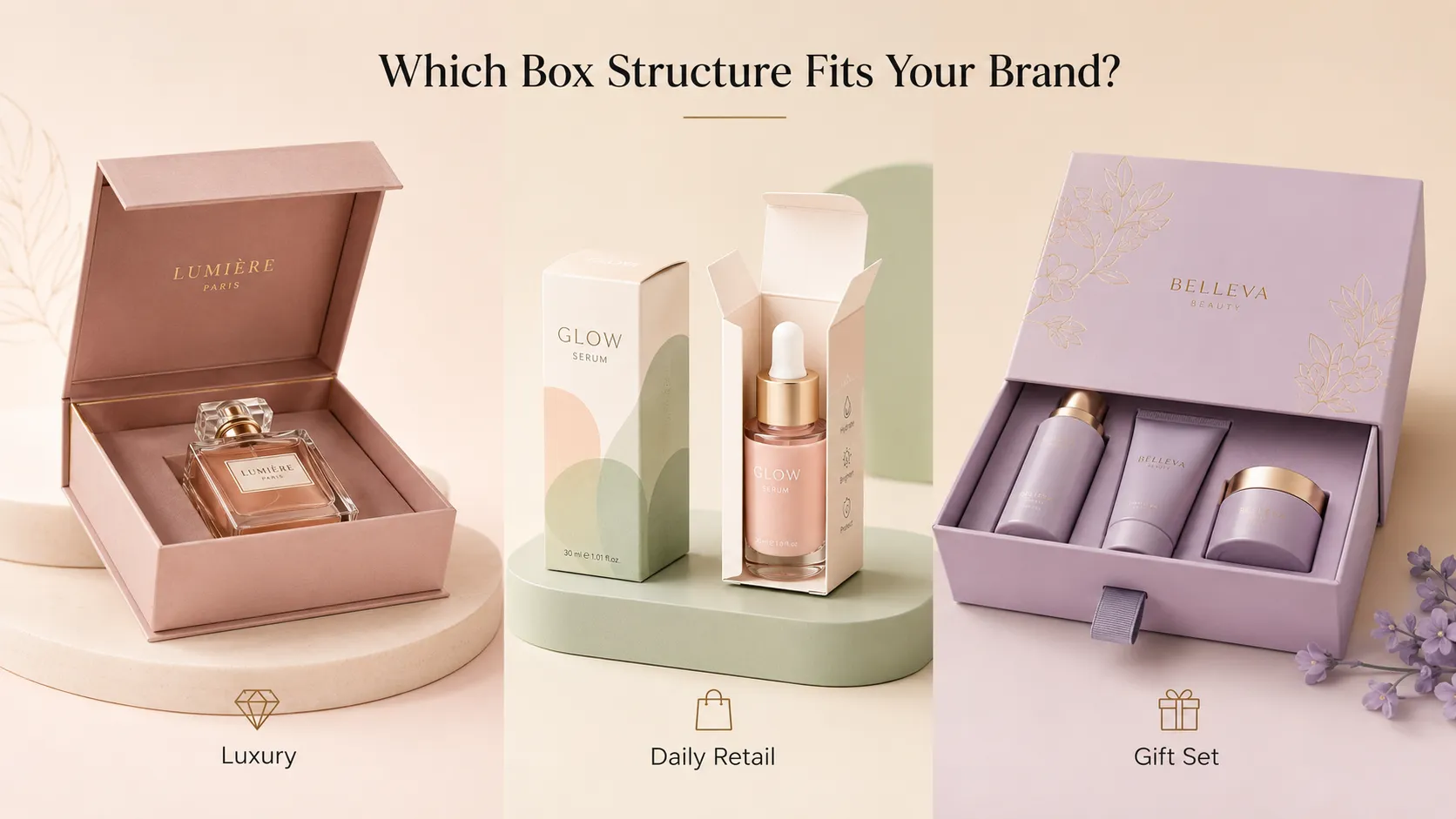 Three types of custom cosmetic box structure from Crown Win Box Manufacturer, luxury rigid perfume box, daily retail folding serum carton, drawer skincare gift set packaging for beauty brands