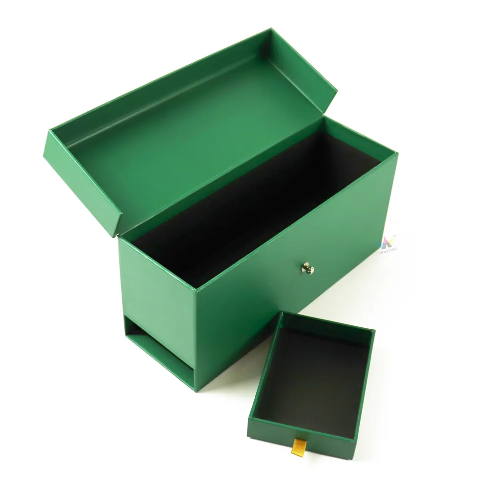 Green magnetic closure boxes with outward pulled side drawer, dual-compartment wine gift packaging