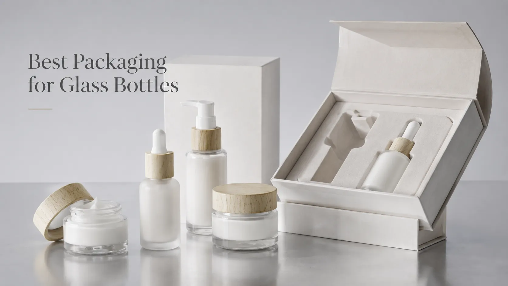 Premium magnetic rigid gift box with custom insert for frosted glass cosmetic serum bottles, ideal glass bottle packaging for beauty brands