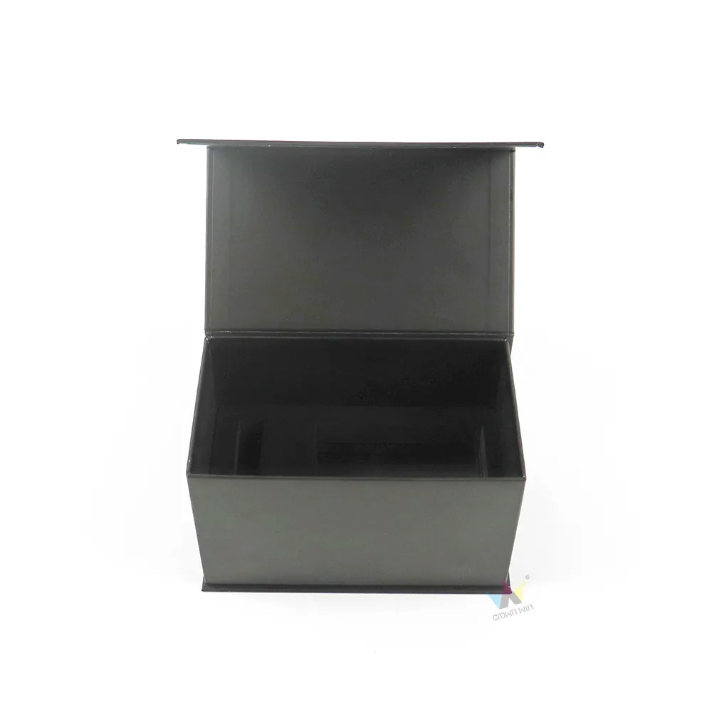Custom molded segmented black EVA foam insert separated from magnetic rigid cosmetic boxes, shockproof liner detail