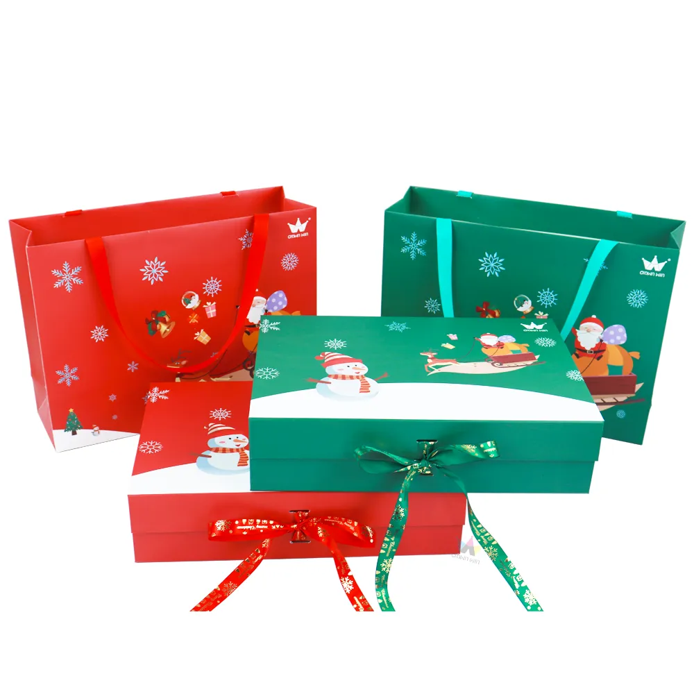 Matching printed paper gift bag paired with Christmas themed one piece folding magnetic gift box