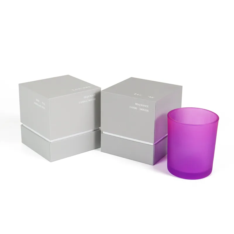 Matte grey rigid square candle boxes paired with purple frosted glass candle jar, custom printed luxury jar candle packaging boxes