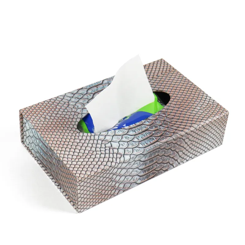 Metallic crocodile textured printed tissue window box packaging, fully assembled foldable window box packaging with tissue sticking out of die-cut window