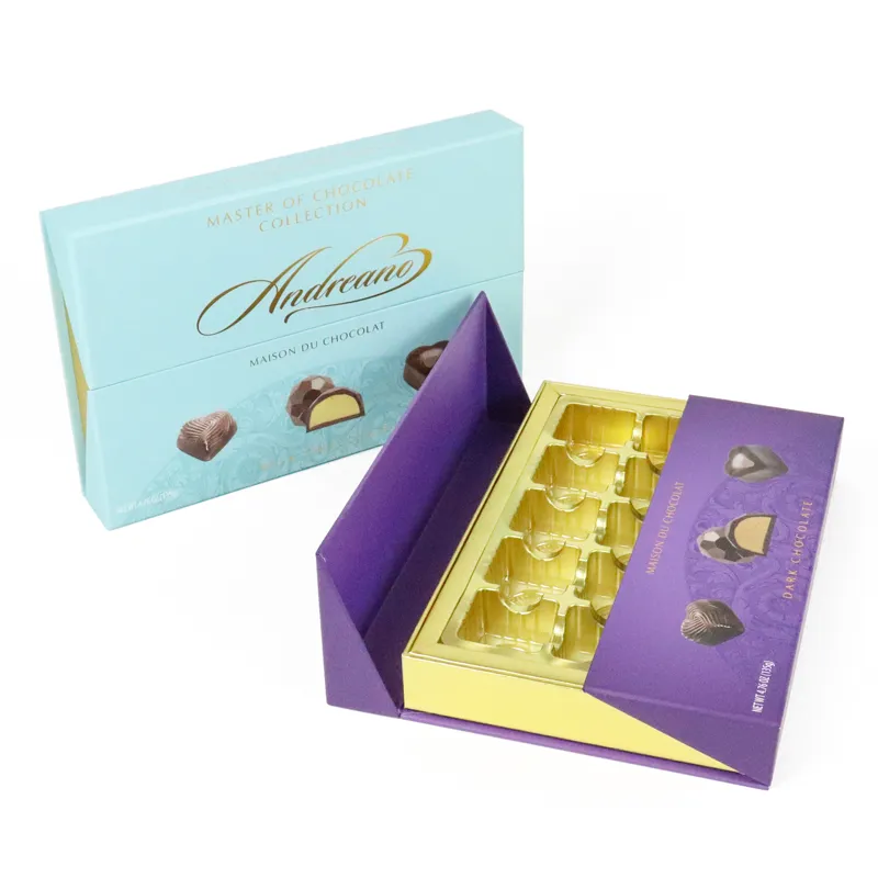Closed mint blue double door box front full view with custom cursive brand script and chocolate artwork printing, foldable candy gift box