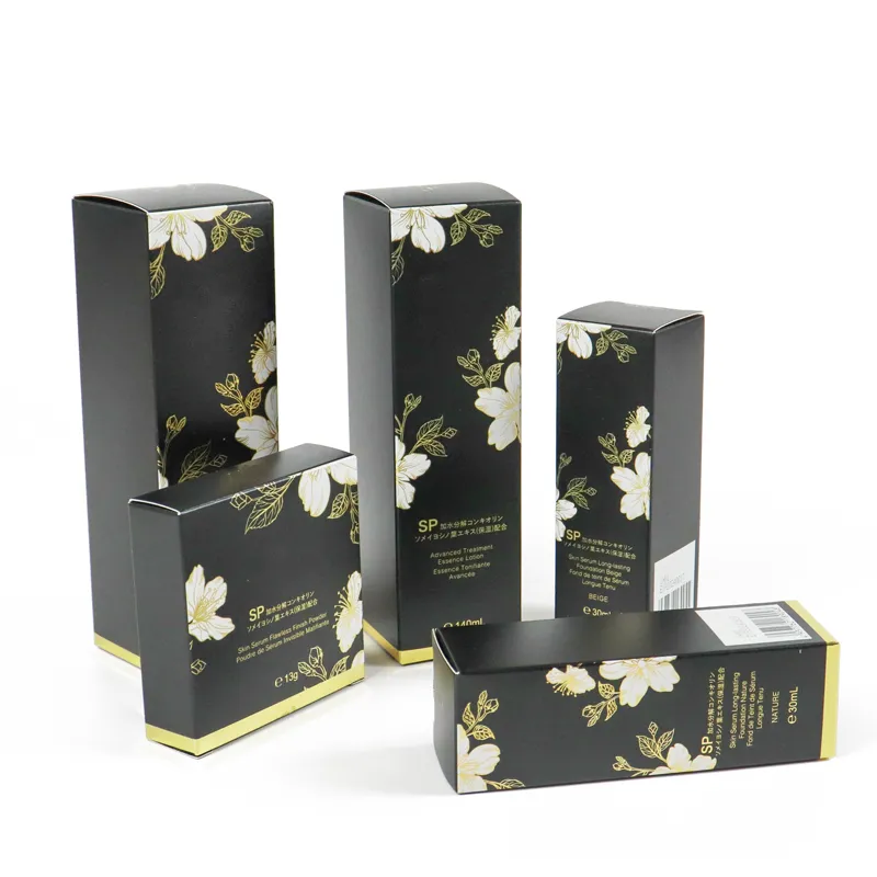 Mixed horizontal and vertical gold floral tuck folding carton collection, multi-size foldable beauty packaging set for full skincare lines