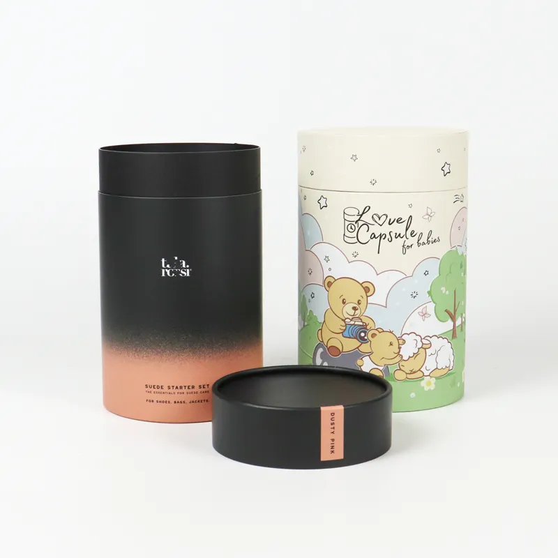 Top overhead flat display of complete dual set cylinder boxes, gradient minimalist tube and pastel cartoon baby gift paper tubes