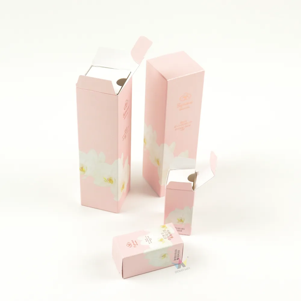 Mixed open and closed floral tuck folding cartons display, multi-size auto tuck cosmetic carton boxes for skincare trial sets