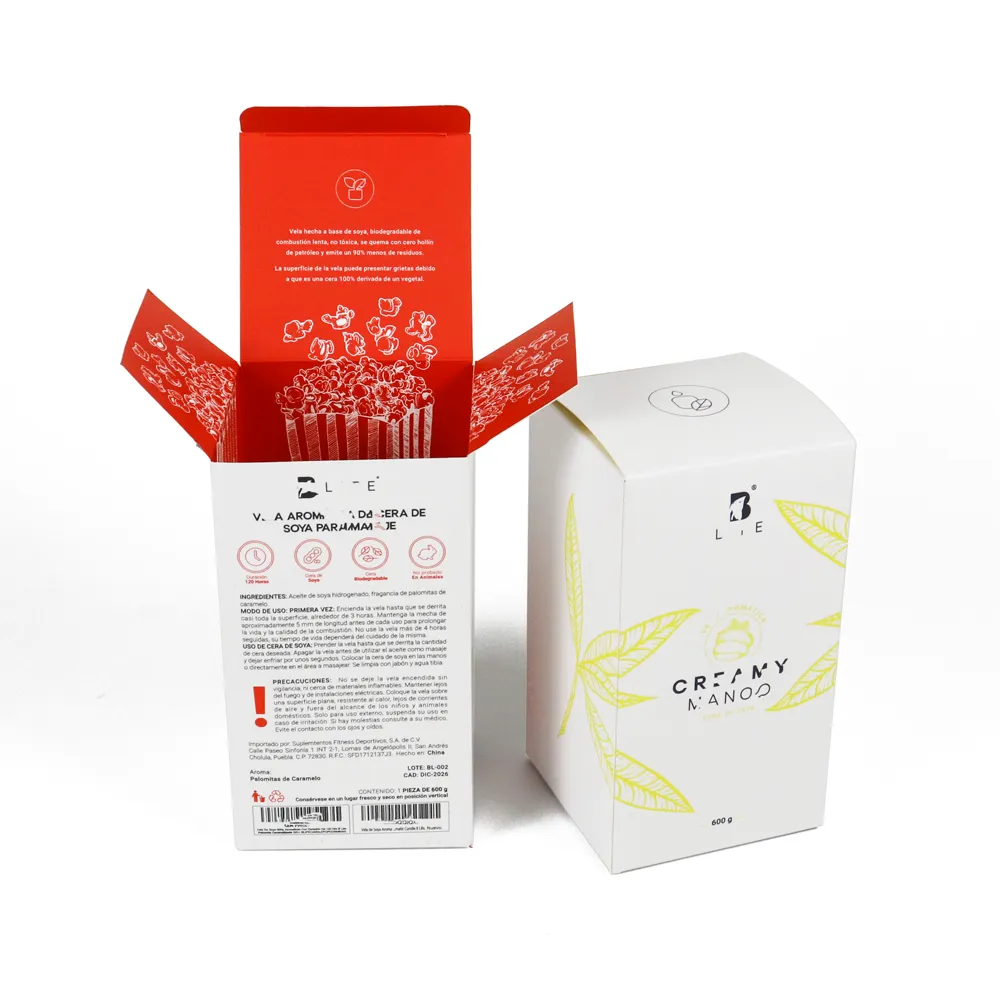Display set of custom vertical tuck folding cartons, double-sided printed foldable packaging for home fragrance candle products