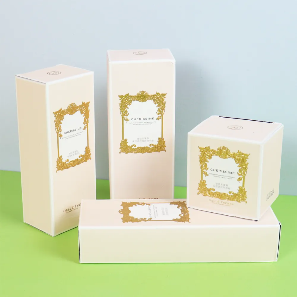 Full collection of multi-size closed luxury cream tuck folding cartons for complete skincare line packaging