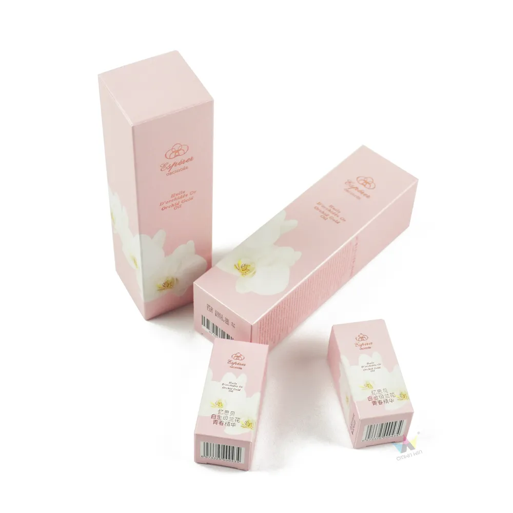Mixed large and mini pink orchid printed tuck folding cartons set, custom foil cosmetic carton boxes for serum and sample skincare packaging
