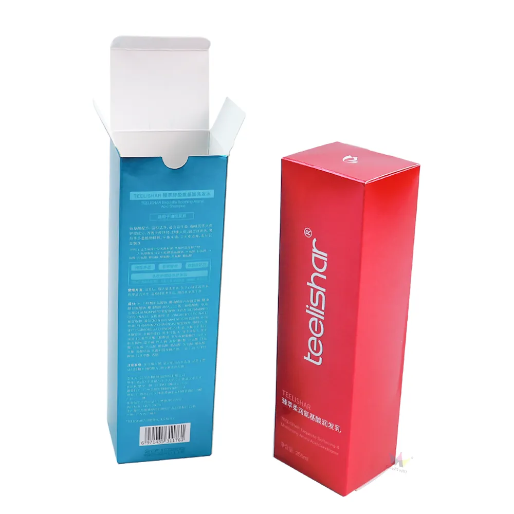 One open, one closed metallic tuck folding carton set, custom printed foldable cosmetic packaging for hair shampoo and conditioner bottles