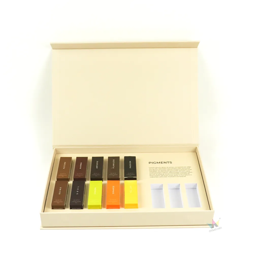 Angle shot open matte cream cosmetic boxes, showing custom tailored paper divider tray inside rigid cosmetic gift boxes