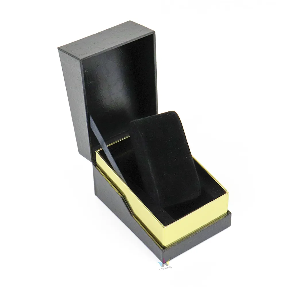 Open black crocodile grain PU leather essential oil boxes full interior view with polished gold metallic tray and custom molded soft black velvet bottle insert