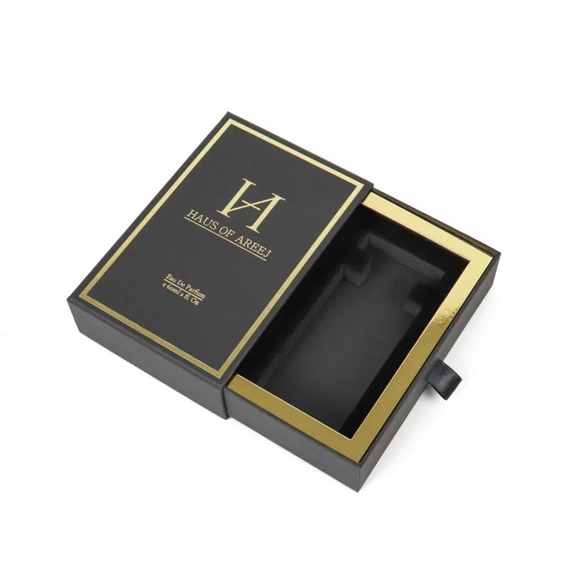 Open luxury matte black gold slide drawer perfume boxes with empty custom CNC molded black EVA foam insert inside gold-lined drawer