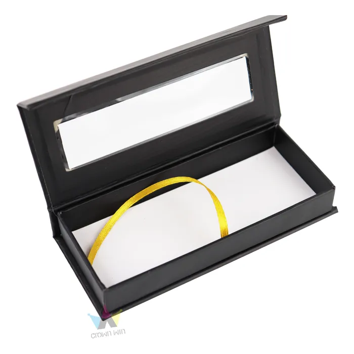 Opened matte black hinged rigid window box packaging with gold ribbon pull tab for false eyelash storage