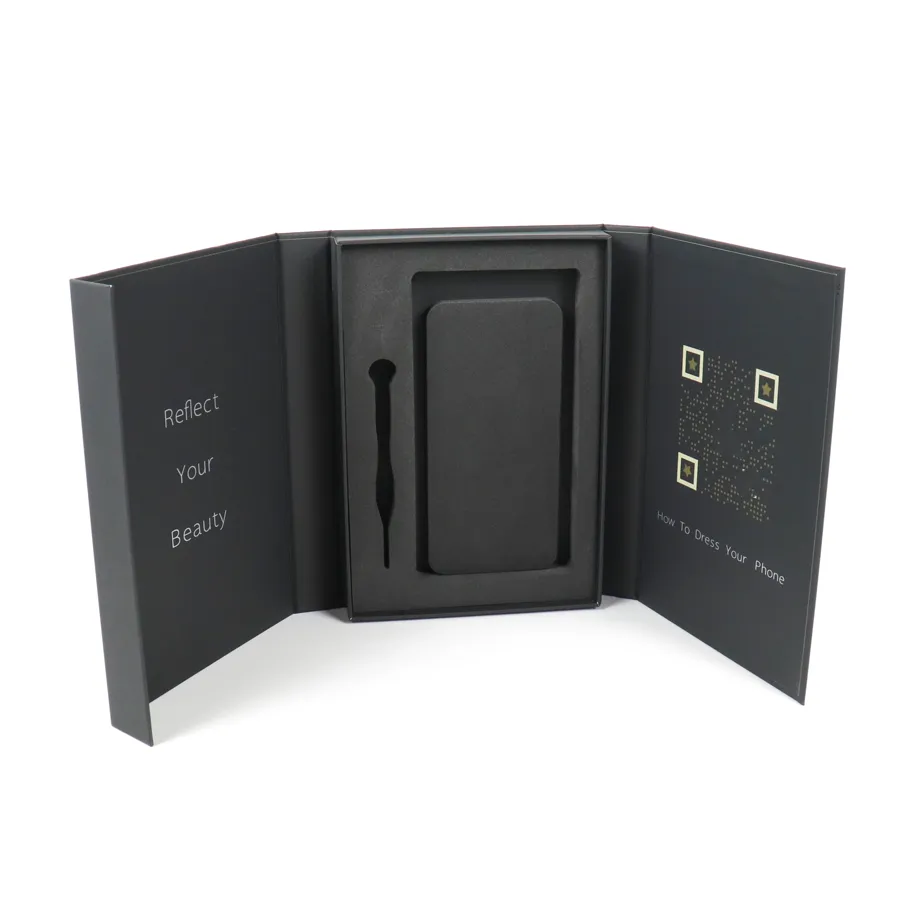 Opened matte black rigid double door box, luxury phone case gift packaging with custom routed black EVA foam insert