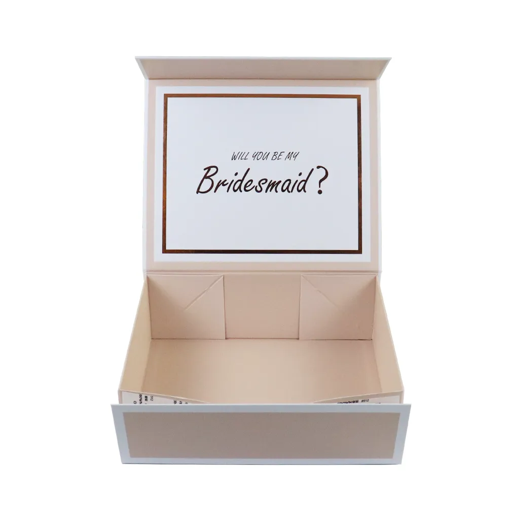 Open blush one piece folding box with custom gold foil printed inner lid, bridesmaid proposal wedding gift packaging