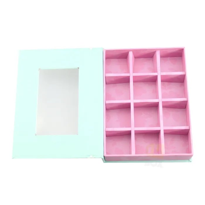 Open book shaped magnetic window box packaging showing full 12 grid pink floral printed interior compartment layout