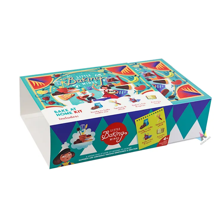 Open teal custom illustrated magnetic box with segmented divider insert, rigid flip packaging for kids baking kits
