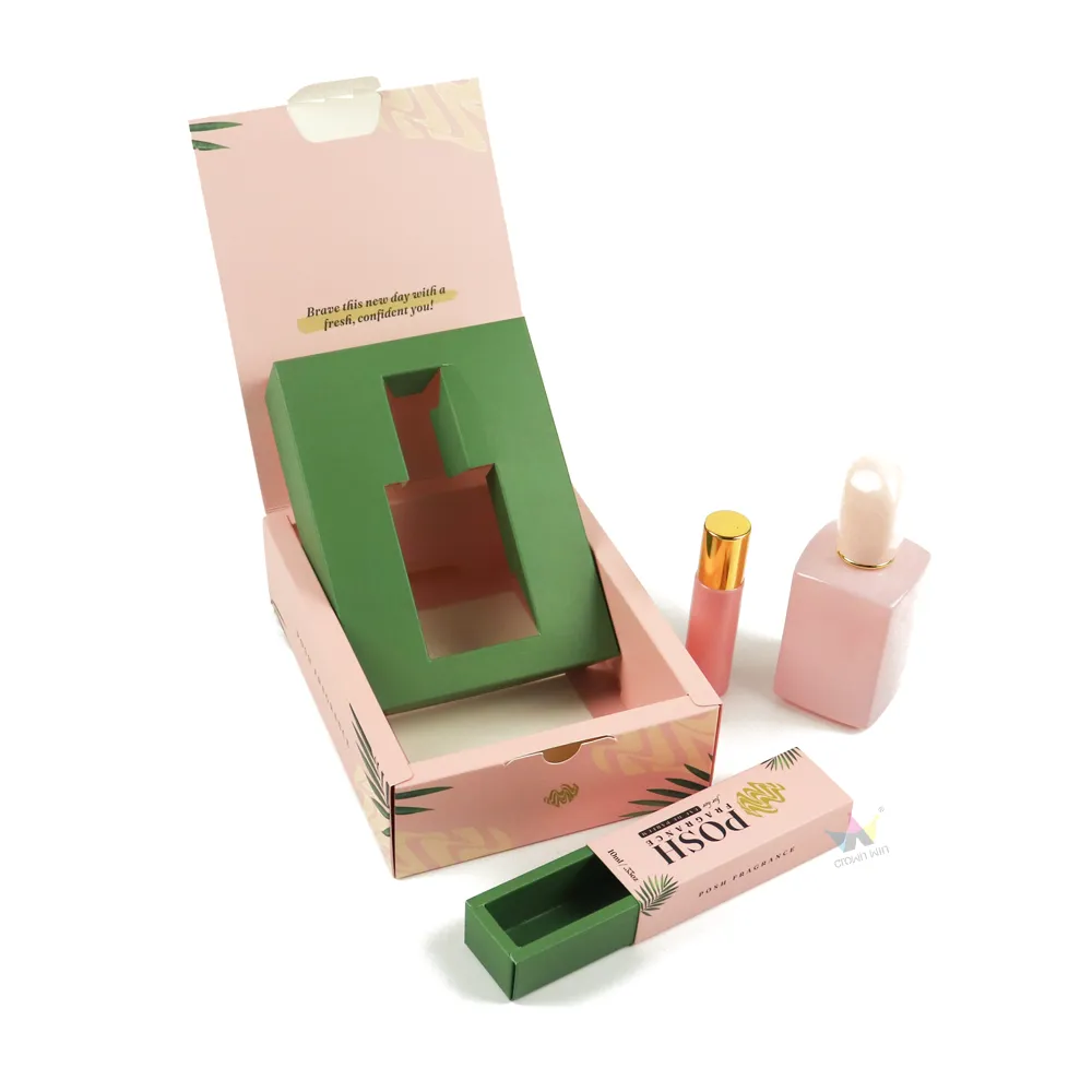 Open flip top custom printed perfume box, matching mini travel roller and women fragrance bottle beside cosmetic perfume packaging box