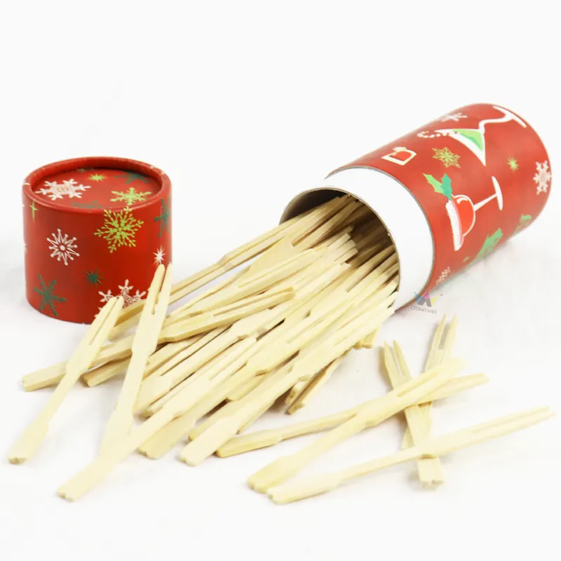 Opened cylinder boxes with separate lid, bamboo food picks neatly stored inside cylindrical paper tube