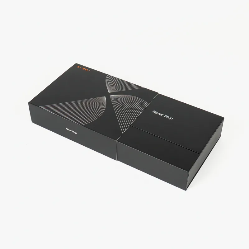 Opened double door rigid box with built-in manual pocket and dedicated molded cavity for earbud storage