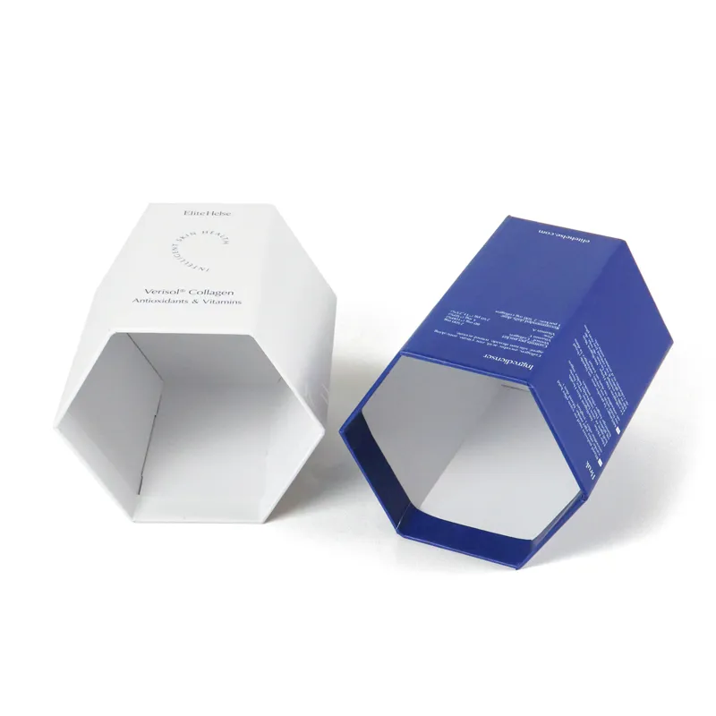 Empty open hexagonal blue base sleeve and loose white top lid of specialty cosmetic lid and base box set