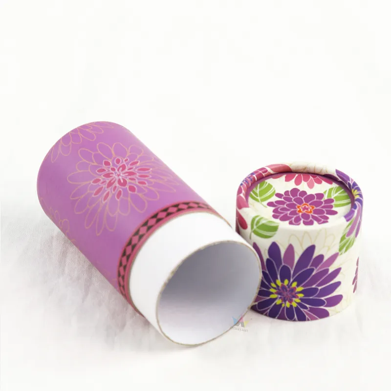 Opened floral printed cylinder box, purple paper tube with separate flower decorated round lid