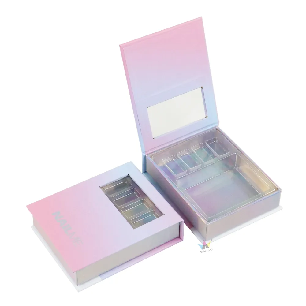 Open pastel gradient magnetic window box packaging showing built-in vanity mirror and segmented holographic PET tray for press on nails