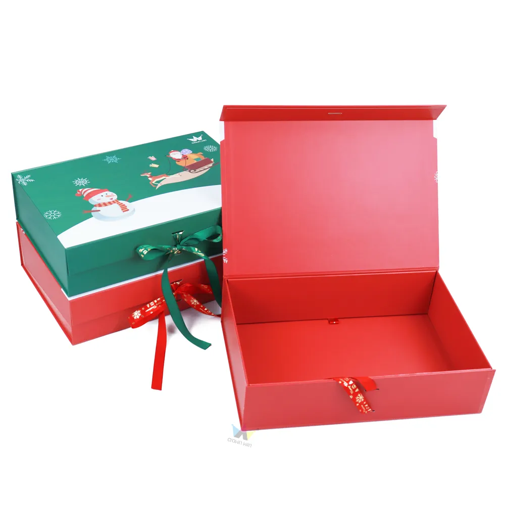 Open green Christmas one piece folding box with magnetic flip lid, festive Santa and snowman seasonal printing
