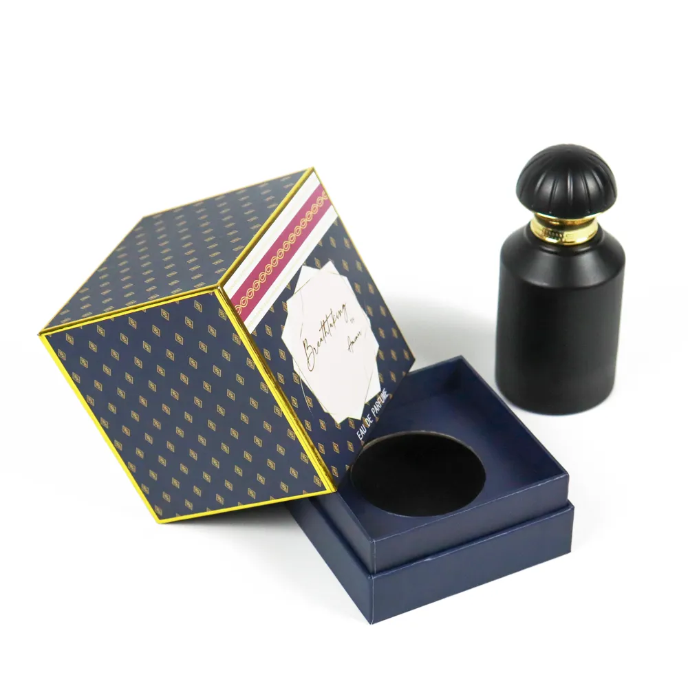 Separated navy gold foil patterned rigid lid and base box paired with matte black 50ml perfume bottle, luxury two-piece fragrance lid and base box